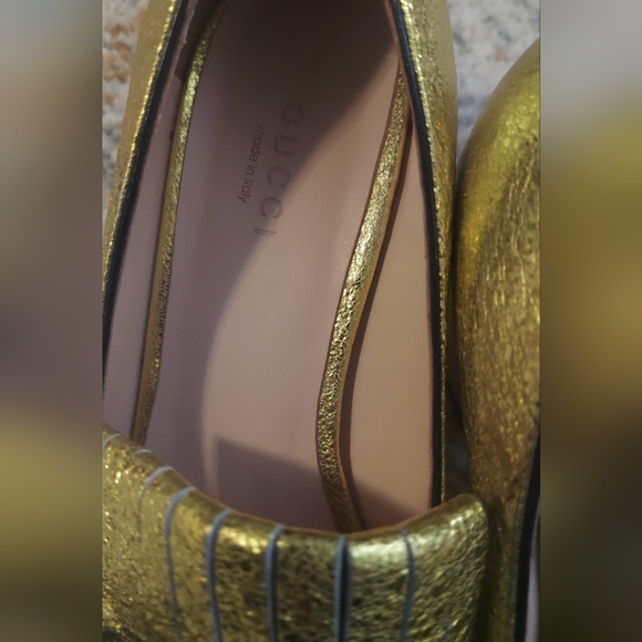 Gucci Marmont GG Logo Golden Fringe Block Mid Heel Kiltie Loafers Pumps - Picture 4 of 5